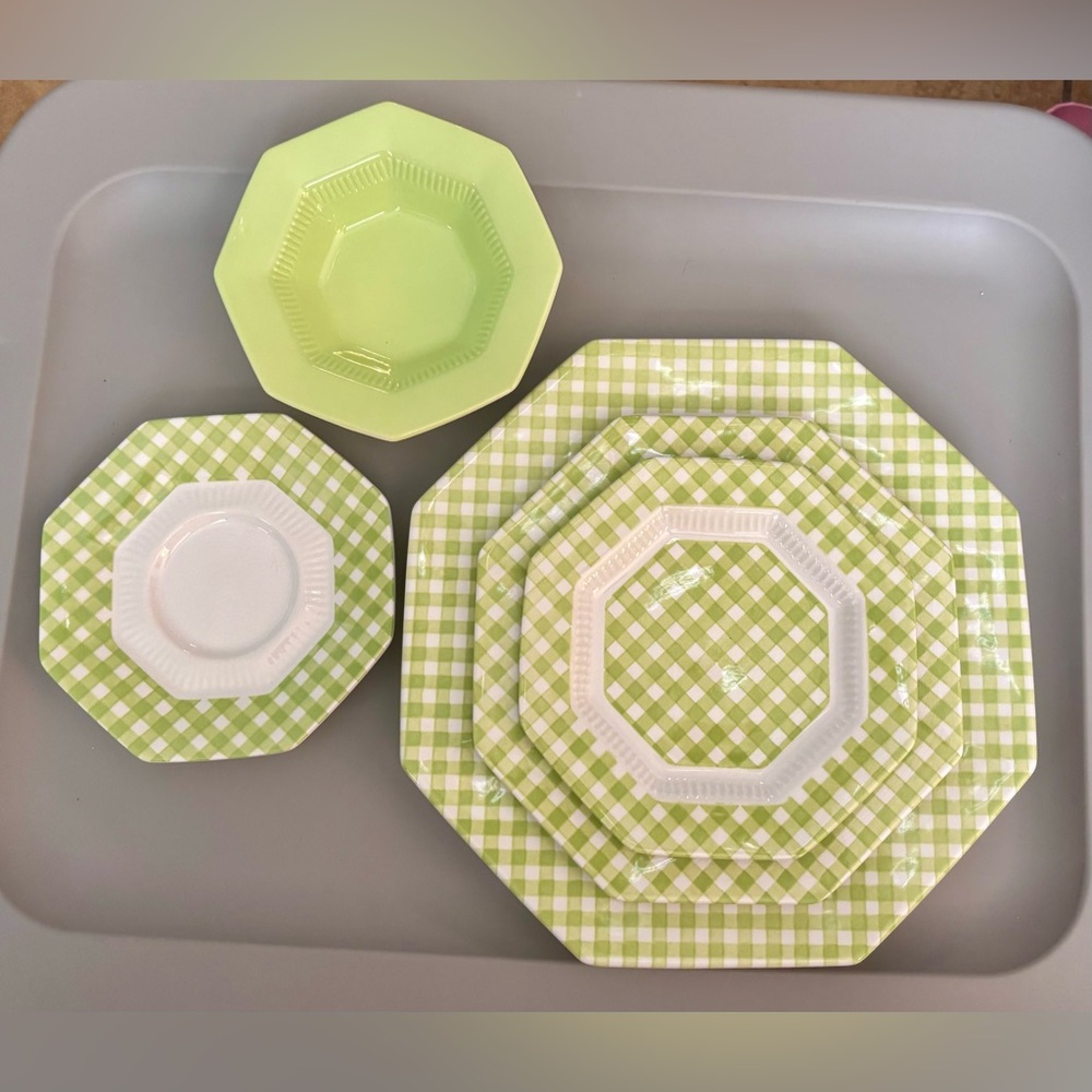 Vintage Independence Ironstone by Interpace Japan Green Gingham Plate Bowl Set